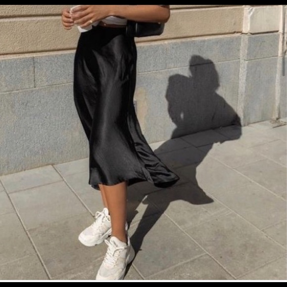 H&M Skirts Hm Midi Black Satin Skirt Poshmark